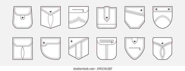 Patch pocket vector icons, buttons and line seam of shirt and pants. Clothes pockets different shapes outline casual style. Geometric design elements. Fashion garment illustration