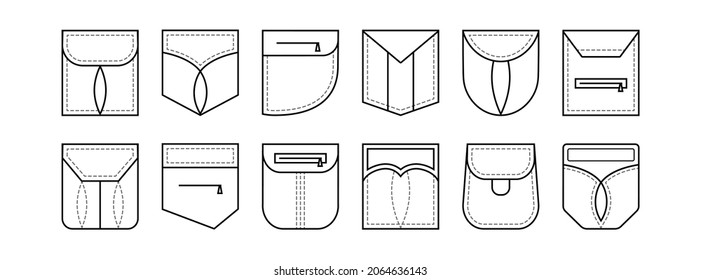 Patch pocket vector outline icon different shapes, seam lines, front view. Garment illustration