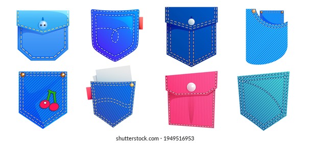 Bolsillos de parche para camiseta y pantalones de denim. Conjunto de dibujos animados vectores de elementos decorativos de ropa, bolsillos de jeans azules y rosas con costuras, botones, solapas y bordados aislados sobre fondo blanco