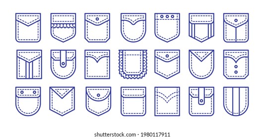 Patch pockets with flap and button closure. Different shapes flat and cargo pockets for shirt, jean and bag. Line icon set. Vector illustration. Isolated objects on white background