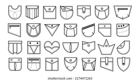 Patch pockets for shirt, bag, pants, dress. Different outline denim pockets with stitch and zipper, casual clothing template, vector illustration on white background.