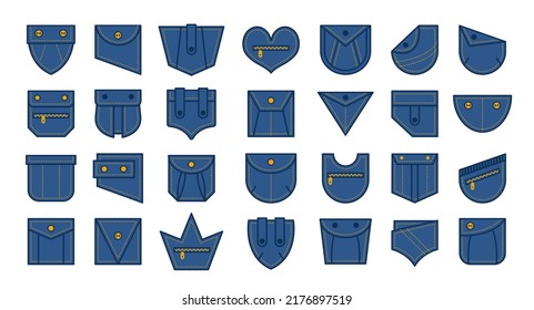 Bolsillos para camisa, bolsa, pantalones, vestido. Diferentes bolsillos de denim azul con costura y cremallera, jeans plantilla de ropa casual, ilustración vectorial sobre fondo blanco.