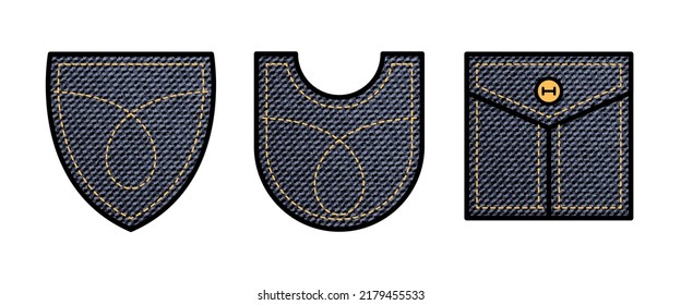 Patch pockets for shirt, bag, pants, dress. Different black denim or jeans pockets with stitch, casual clothing template, vector illustration on white background.