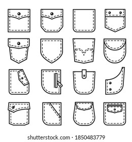 Los bolsillos de los parches con y sin botones, el cremallera, los iconos de la línea de remaches se establecen aislados en blanco. Elementos de diseño de ropa de la colección de pictogramas de contorno. Almacenes para la ilustración vectorial de elementos pequeños para la web.