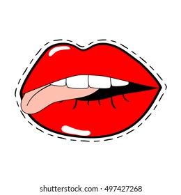 Patch of red lips with tongue in comic cartoon style vector illustration on white background