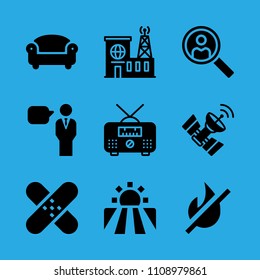 patch, search, field, radio, sofa, satellite, fire, building and speech vector icon. Simple icons set