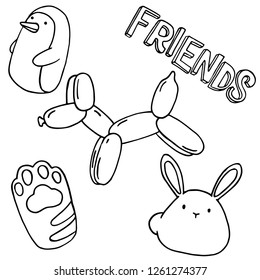 The patch set: rabbit, cat paw, penguin, balloon dog and friends on white background. Vector illustration.