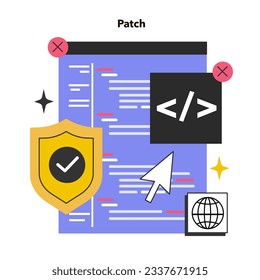 Patch software. Operating system updates that address security vulnerabilities within a program. Performance bugs fixing and enhanced security features. Flat vector illustration