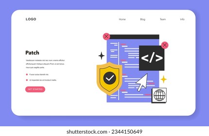 Patch software web banner or landing page. Operating system updates that address security vulnerabilities. Performance bugs fixing and enhanced security features. Flat vector illustration