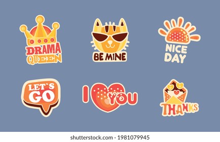 Patch and Stickers with Crown, Cat Muzzle and Envelope with Hearts Vector Set
