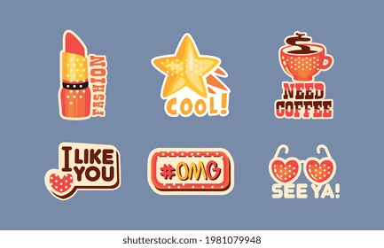 Patch and Stickers with Lipstick, Star and Coffee Cup Vector Set