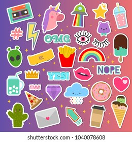 Patch stickers vector sticky patching badge or embroidery for patchwork illustration set of patchy cartoon heart rainbow or unicorn isolated on background