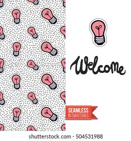 Patch style greeting card for modern fashion girl, inspired by 80s-90s comic symbolism. Seamless pattern with stylized badge on one side. On another inscription: welcome. Vector template.