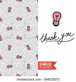 Patch style greeting card for modern fashion girl, inspired by 80s-90s comic symbolism. Seamless pattern with stylized badge on one side. On another inscription: thank you. Vector template.