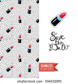 Patch style greeting card for modern fashion girl, inspired by 80s-90s comic symbolism. Seamless pattern with stylized badge on one side. On another inscription: save the date. Vector template.