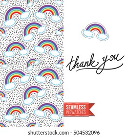 Patch style greeting card for modern fashion girl, inspired by 80s-90s comic symbolism. Seamless pattern with stylized badge on one side. On another inscription: thank you. Vector template.