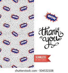 Patch style greeting card for modern fashion girl, inspired by 80s-90s comic symbolism. Seamless pattern with stylized badge on one side. On another inscription: thank you. Vector template.