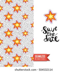 Patch style greeting card for modern fashion girl, inspired by 80s-90s comic symbolism. Seamless pattern with stylized badge on one side. On another inscription: save the date. Vector template.