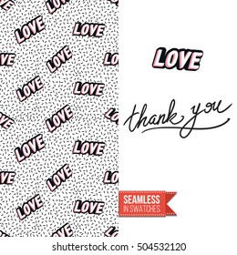 Patch style greeting card for modern fashion girl, inspired by 80s-90s comic symbolism. Seamless pattern with stylized badge on one side. On another inscription: thank you. Vector template.
