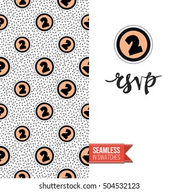 Patch style greeting card for modern fashion girl, inspired by 80s-90s comic symbolism. Seamless pattern with stylized badge on one side. On another inscription: rsvp. Vector template.