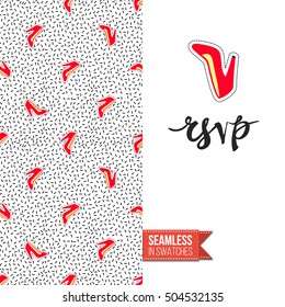 Patch style greeting card for modern fashion girl, inspired by 80s-90s comic symbolism. Seamless pattern with stylized badge on one side. On another inscription: rsvp. Vector template.