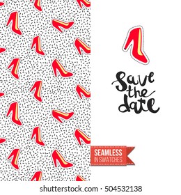 Patch style greeting card for modern fashion girl, inspired by 80s-90s comic symbolism. Seamless pattern with stylized badge on one side. On another inscription: save the date. Vector template.
