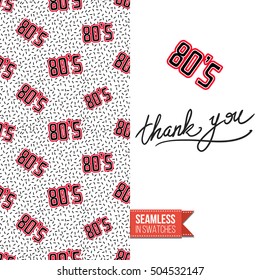 Patch style greeting card for modern fashion girl, inspired by 80s-90s comic symbolism. Seamless pattern with stylized badge on one side. On another inscription: thank you. Vector template.