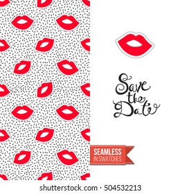 Patch style greeting card for modern fashion girl, inspired by 80s-90s comic symbolism. Seamless pattern with stylized badge on one side. On another inscription: save the date. Vector template.