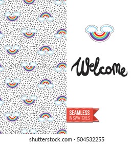 Patch style greeting card for modern fashion girl, inspired by 80s-90s comic symbolism. Seamless pattern with stylized badge on one side. On another inscription: welcome. Vector template.