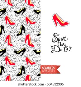 Patch style greeting card for modern fashion girl, inspired by 80s-90s comic symbolism. Seamless pattern with stylized badge on one side. On another inscription: save the date. Vector template.