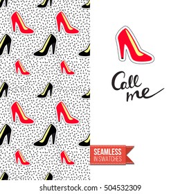 Patch style greeting card for modern fashion girl, inspired by 80s-90s comic symbolism. Seamless pattern with stylized badge on one side. On another inscription: call me. Vector template.
