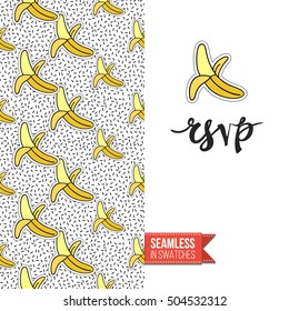Patch style greeting card for modern fashion girl, inspired by 80s-90s comic symbolism. Seamless pattern with stylized badge on one side. On another inscription: rsvp. Vector template.