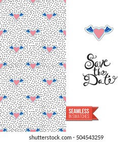 Patch style greeting card for modern fashion girl, inspired by 80s-90s comic symbolism. Seamless pattern with stylized badge on one side. On another inscription: save the date. Vector template.