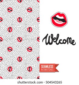 Patch style greeting card for modern fashion girl, inspired by 80s-90s comic symbolism. Seamless pattern with stylized badge on one side. On another inscription: welcome. Vector template.