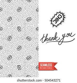 Patch style greeting card for modern fashion girl, inspired by 80s-90s comic symbolism. Seamless pattern with stylized badge on one side. On another inscription: thank you. Vector template.