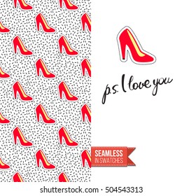 Patch style greeting card for modern fashion girl, inspired by 80s-90s comic symbolism. Seamless pattern with stylized badge on one side. On another inscription: ps i love you. Vector template.