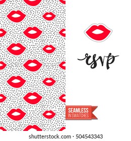 Patch style greeting card for modern fashion girl, inspired by 80s-90s comic symbolism. Seamless pattern with stylized badge on one side. On another inscription: rsvp. Vector template.