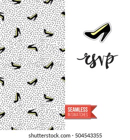 Patch style greeting card for modern fashion girl, inspired by 80s-90s comic symbolism. Seamless pattern with stylized badge on one side. On another inscription: rsvp. Vector template.