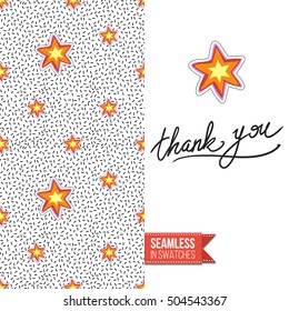 Patch style greeting card for modern fashion girl, inspired by 80s-90s comic symbolism. Seamless pattern with stylized badge on one side. On another inscription: thank you. Vector template.