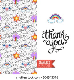 Patch style greeting card for modern fashion girl, inspired by 80s-90s comic symbolism. Seamless pattern with stylized badge on one side. On another inscription: thank you. Vector template.