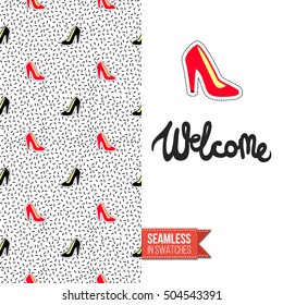 Patch style greeting card for modern fashion girl, inspired by 80s-90s comic symbolism. Seamless pattern with stylized badge on one side. On another inscription: welcome. Vector template.
