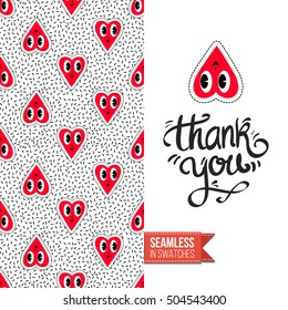 Patch style greeting card for modern fashion girl, inspired by 80s-90s comic symbolism. Seamless pattern with stylized badge on one side. On another inscription: thank you. Vector template.