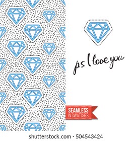 Patch style greeting card for modern fashion girl, inspired by 80s-90s comic symbolism. Seamless pattern with stylized badge on one side. On another inscription: ps i love you. Vector template.