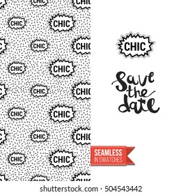 Patch style greeting card for modern fashion girl, inspired by 80s-90s comic symbolism. Seamless pattern with stylized badge on one side. On another inscription: save the date. Vector template.