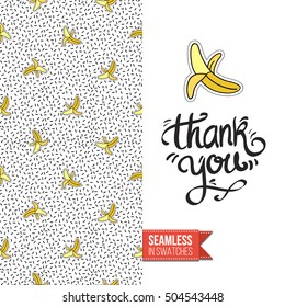Patch style greeting card for modern fashion girl, inspired by 80s-90s comic symbolism. Seamless pattern with stylized badge on one side. On another inscription: thank you. Vector template.