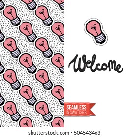 Patch style greeting card for modern fashion girl, inspired by 80s-90s comic symbolism. Seamless pattern with stylized badge on one side. On another inscription: welcome. Vector template.