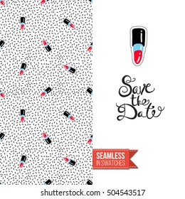 Patch style greeting card for modern fashion girl, inspired by 80s-90s comic symbolism. Seamless pattern with stylized badge on one side. On another inscription: save the date. Vector template.