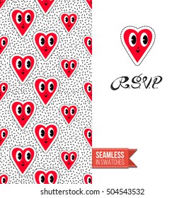Patch style greeting card for modern fashion girl, inspired by 80s-90s comic symbolism. Seamless pattern with stylized badge on one side. On another inscription: rsvp. Vector template.