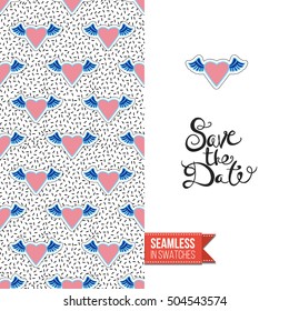 Patch style greeting card for modern fashion girl, inspired by 80s-90s comic symbolism. Seamless pattern with stylized badge on one side. On another inscription: save the date. Vector template.