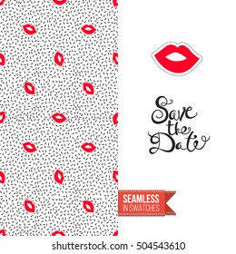 Patch style greeting card for modern fashion girl, inspired by 80s-90s comic symbolism. Seamless pattern with stylized badge on one side. On another inscription: save the date. Vector template.